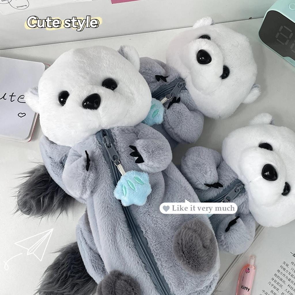 Plush Otter Pencil Case Large Capacity, Expandable Portable Cosmetic Stationery Bag For Students, Soft Plush