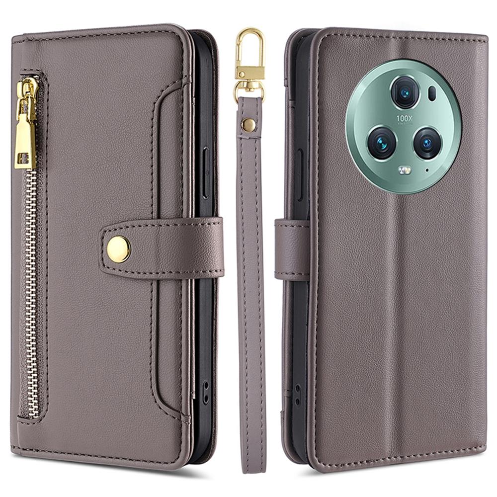 

For Honor Magic5 Pro Phone Stand Leather Case Drop-Proof Zipper Pocket Wallet Cover with 2 Straps Grey