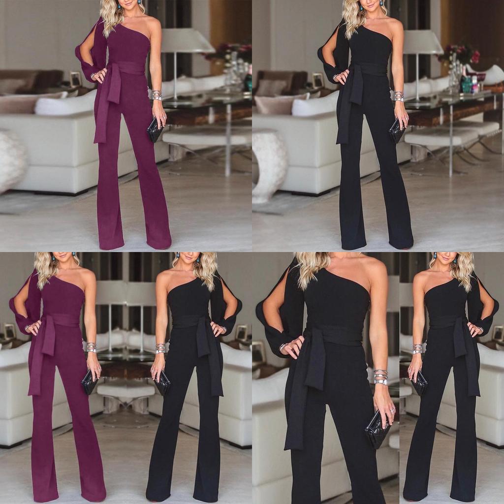 Elegant Women Tied Waist Flared Jumpsuits Fashion One Shoulder Sexy Rompers For Effortless Style