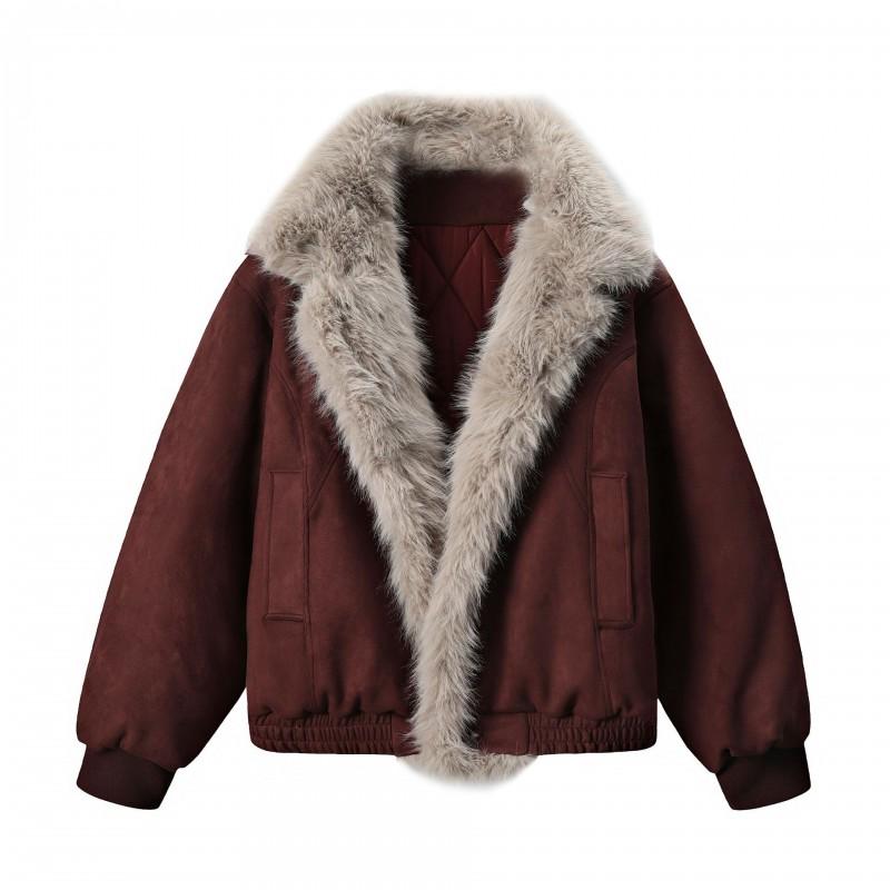 Unisex Retro Suede Cotton Puffer Jacket Winter Warm Oversized Parka With Stand Collar Side Pockets