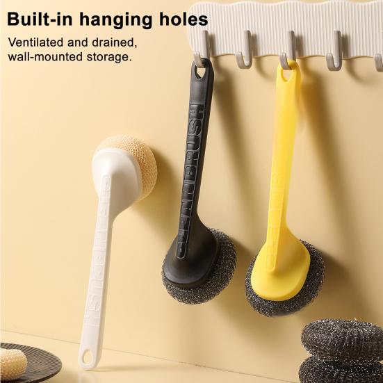 Pot Brush with Steel Ball Head Anti-Slip Grip Hanging Hole Long Handle Dishes Scrubber Kitchen Cleaning Tool