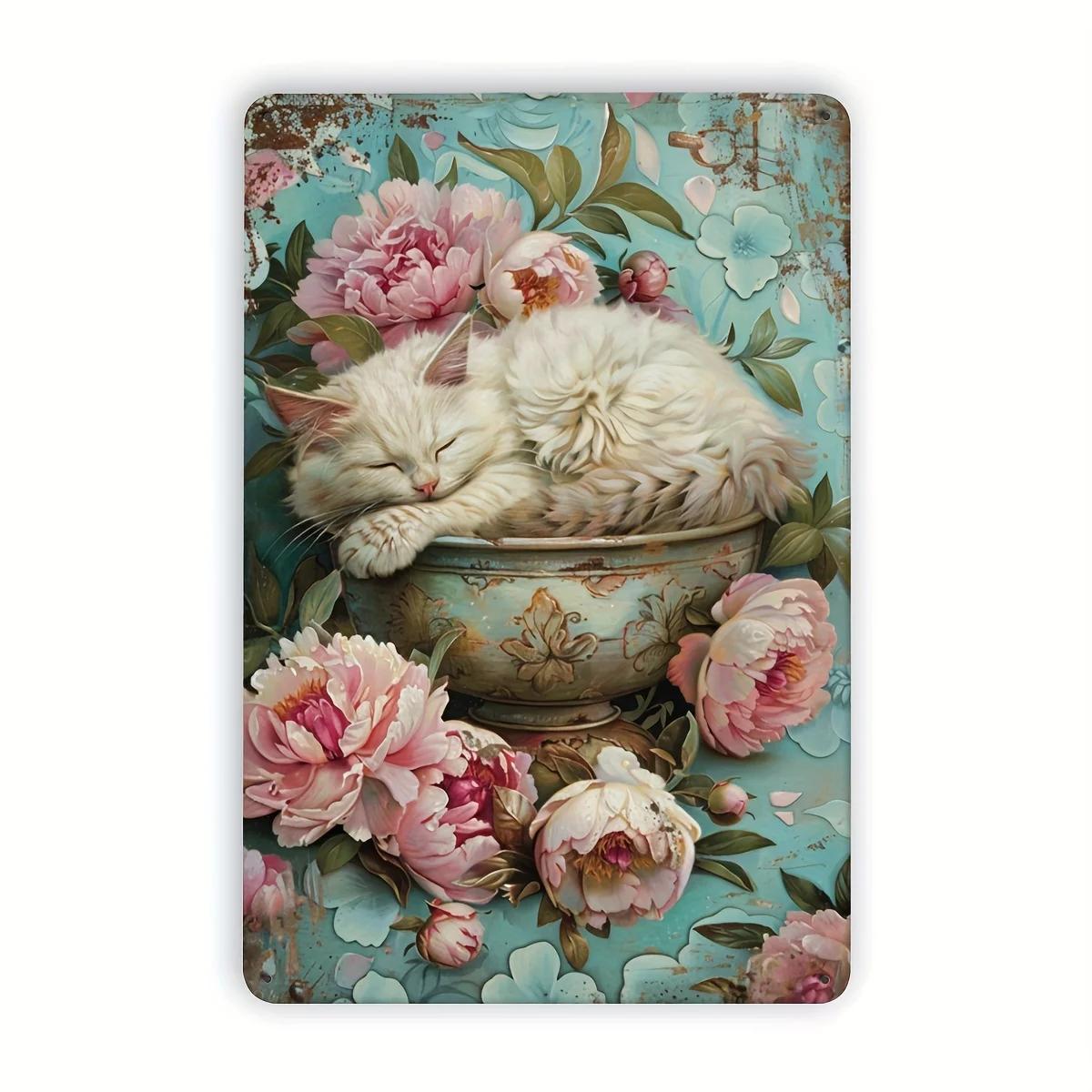 

Cat Metal Tin Sign Shabby Chic Wall Art with Sleeping White Kitten Floral Design Perfect for Home Restaurant Bar Ca 20x30cm