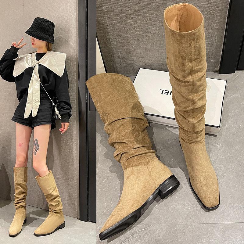 2025 autumn and winter new elastic boots square head low heel high tube fashion superb foreign style women's versatile stacking boots thin boots