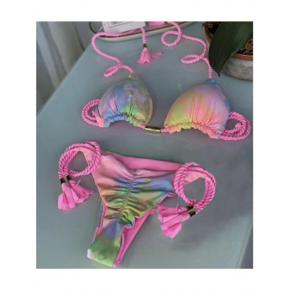 Bikini a Triangolo da Donna Europeo e Americano Intrecciato Tinta Unita Sexy con Ciondolo e Frange