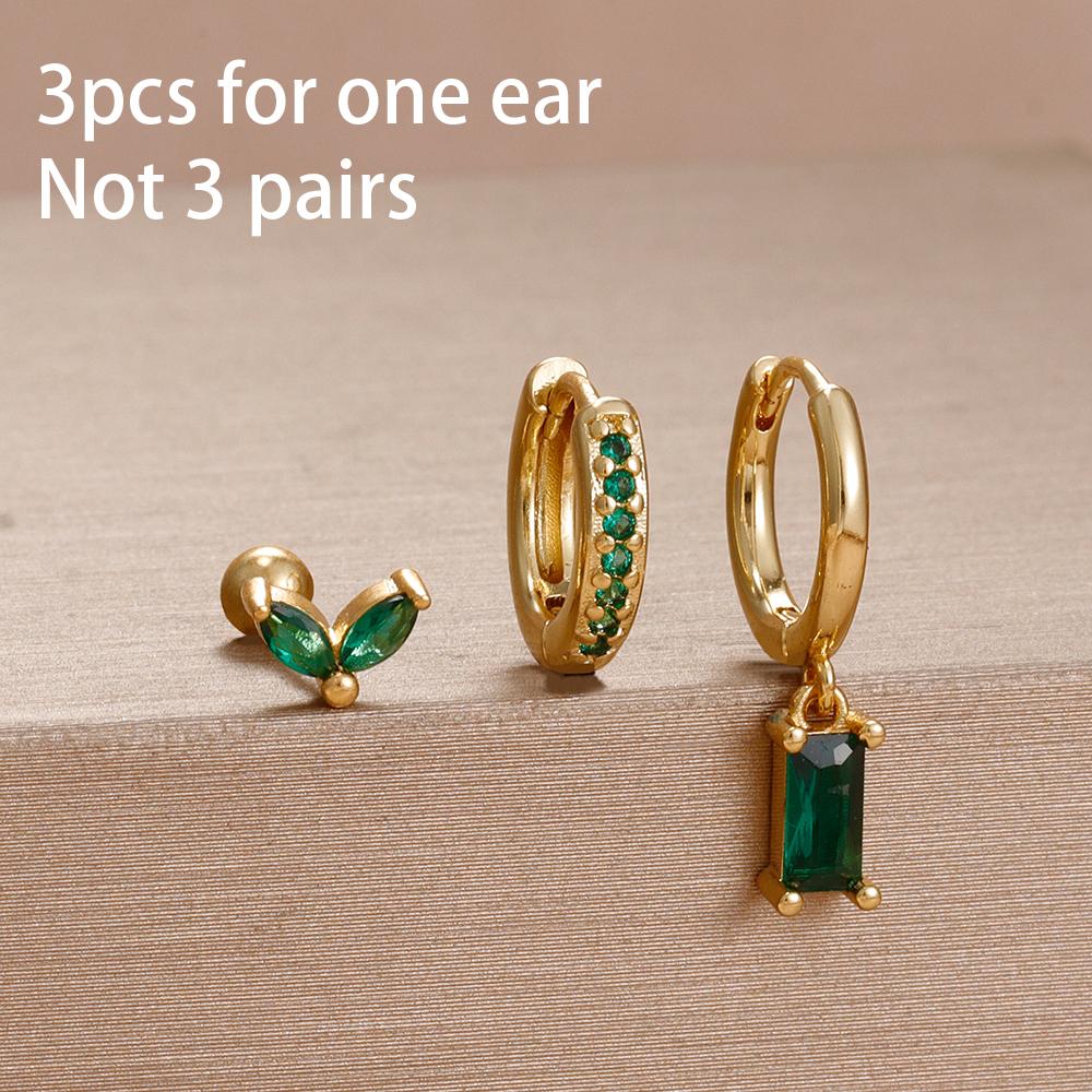 3PCS 12 Styles Green Cubic Zirconia Flower Pendant Earring Set For Women Stainless Steel Round U-Shape Hoop Earring Jewelry