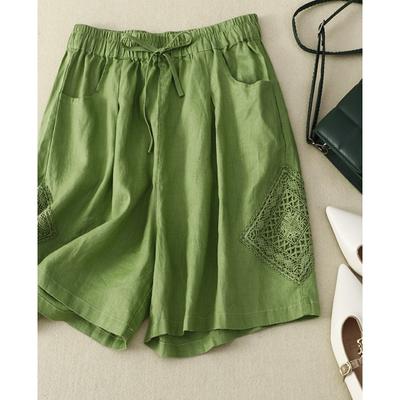 Real Shot Summer New Cotton and Linen Casual Pants Women's Lace Splicing Wide-leg Pants Large Size Thin Shorts