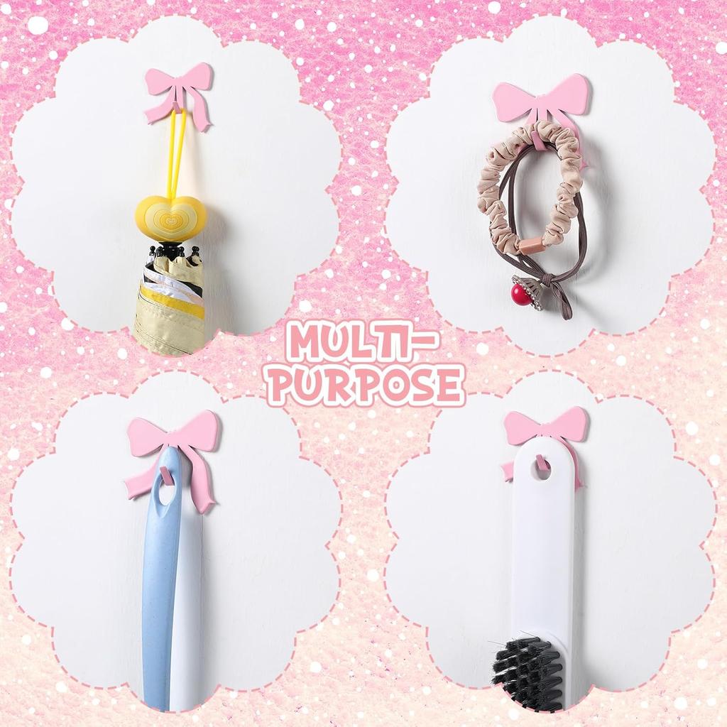 6 Pcs Pink Bow Decorative Wall Hooks Metal Strong Adhesive Wall Door Hanger Coquette Room Decor Cute Towel Coat Hooks Preppy Hanging Decor for Home