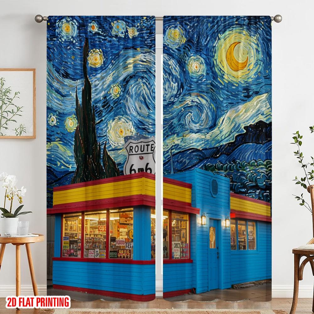 2pcs 2D Flat Printing Scene Curtain Starry Night Route 66 100% Polyester Without Electricity Festive Holiday Use for Holiday