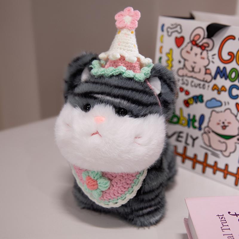 Cute Big Face Cat With Birthday Hat Fruit Cake Snack Bib Decor Kawaii Grey Orange Cats Kittens Plushie For Kids Birthday Gift