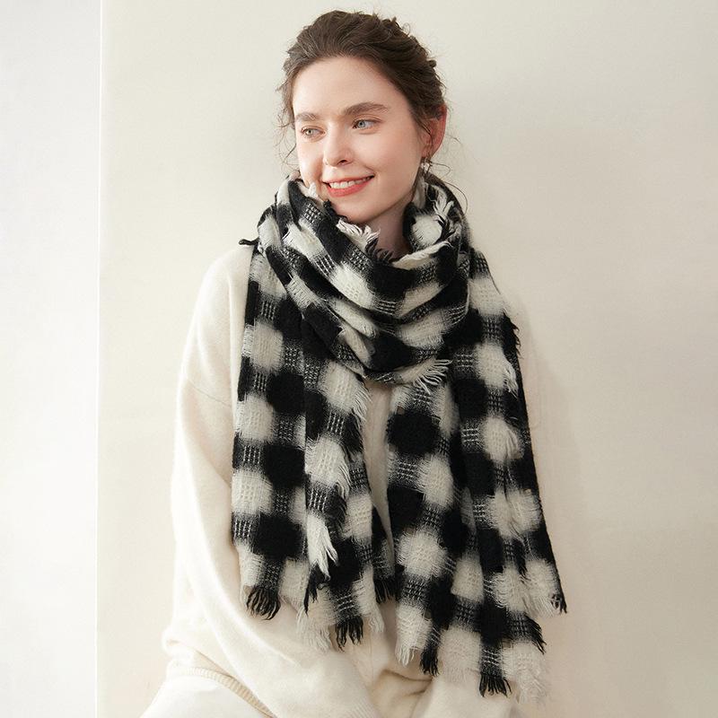 Women s 100% Pure Cashmere Houndstooth Scarf - Warm, Versatile Knit for Autumn/Winter чёрный