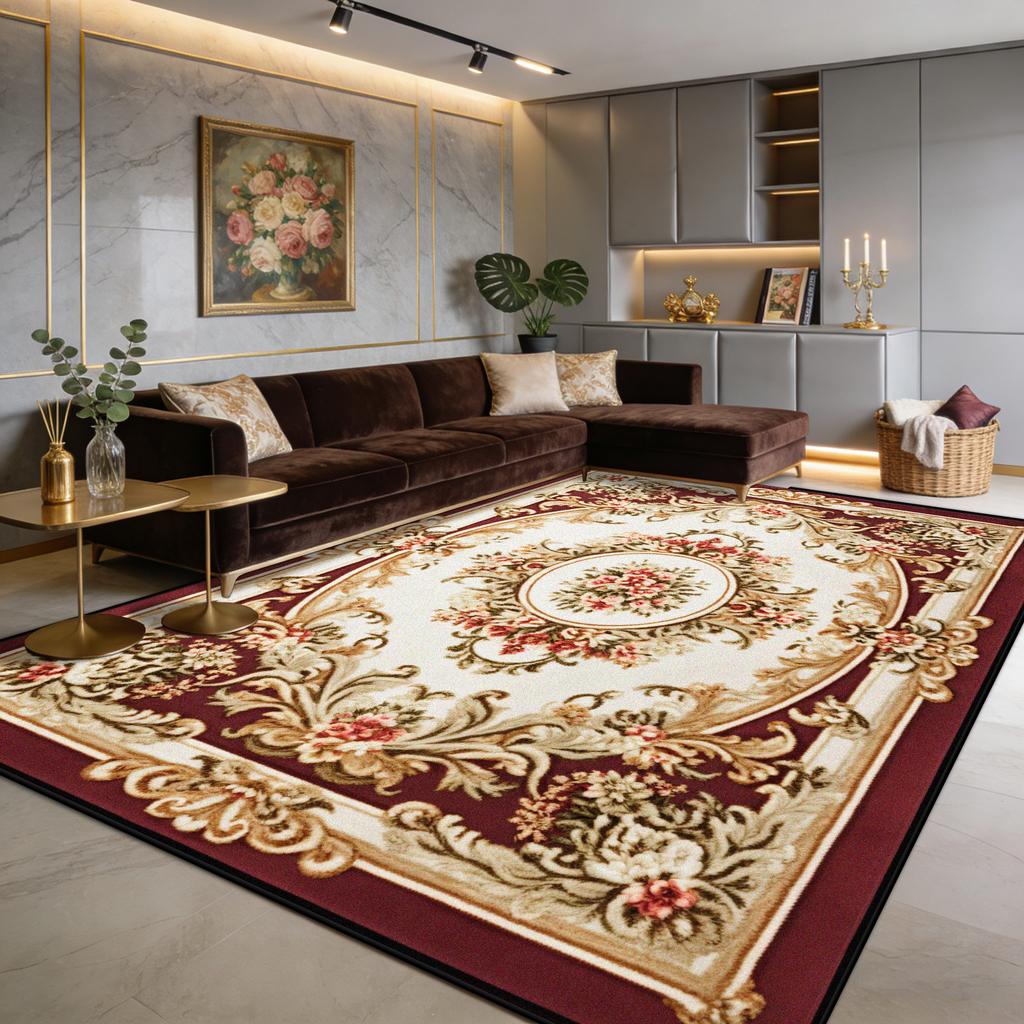 European Luxury Red Flower Fluffy Living Room Rug Easy Clean Soft Retro Tasting Area Carpet Large Area Non-slip Sofa Floor Mats