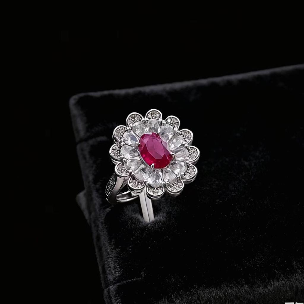 Fashion Jewelry Blossom Rich Ruby Emerald Ring Heavy Industry Luxury Full Of Diamonds Flower Ring