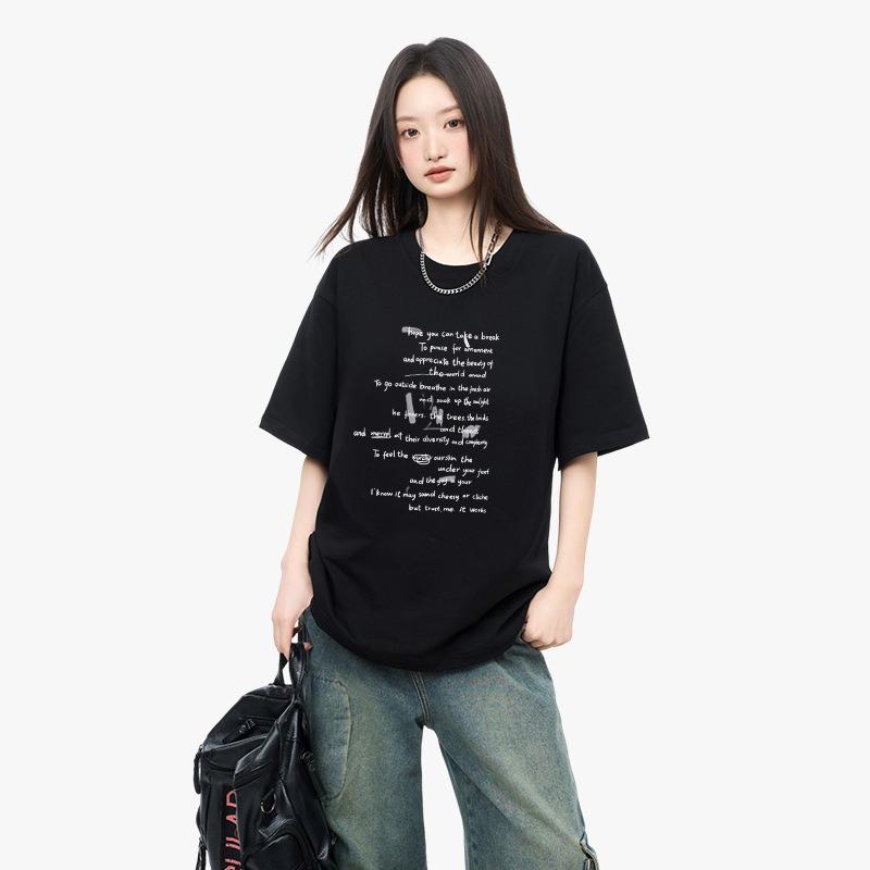 Korean Style Pure Cotton Letter Printed Short-sleeved Women's Summer Loose and Versatile Student Style Trendy Tops and Bottoming Shirts