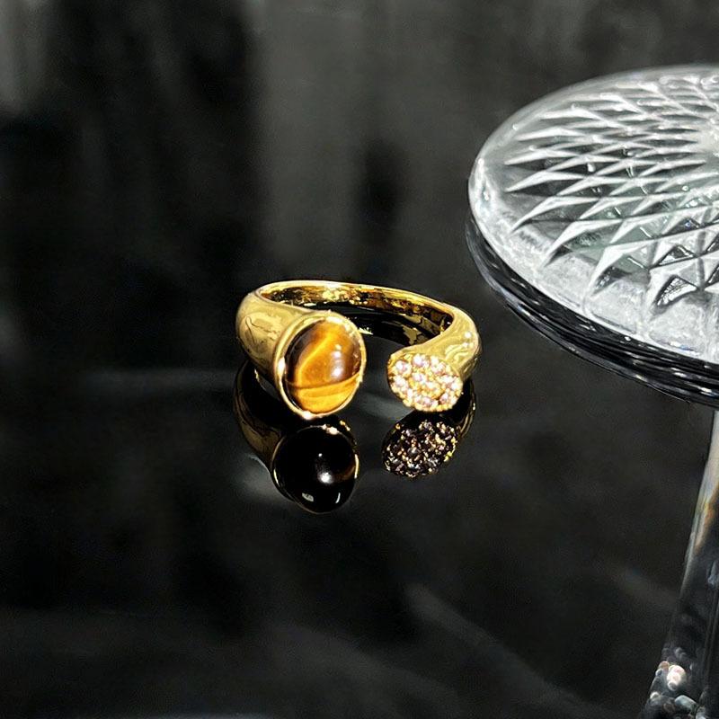 Autumn and Winter Advanced Sense Adjustable Index Finger Ring Niche Maillard Tiger's Eye Stone Gold Ring Women's Light Luxury Stacked Ring