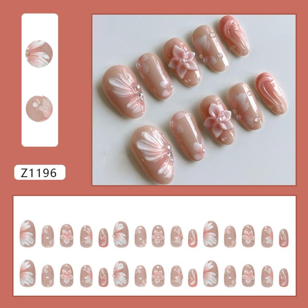 Manicure Long Almond False Nails French Aurora Fake Nails Detachable Gilding Flower Tomato Press on Nails DIY