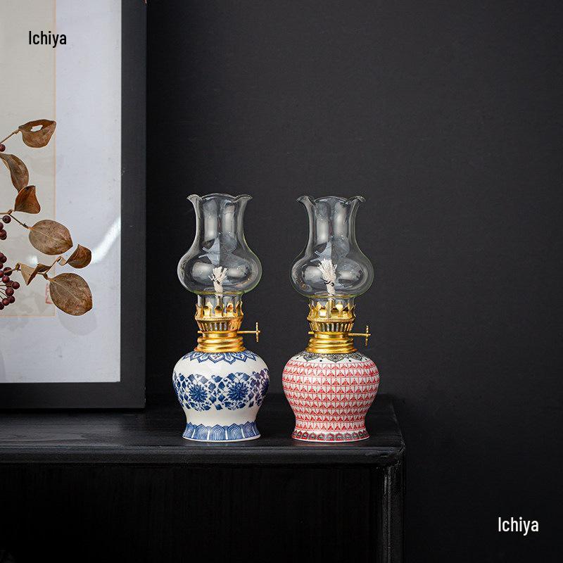 Hand-Painted Floral Retro Kerosene and Ceramic Butter Lamp - New Chinese Style Night Light for Bedroom and Study