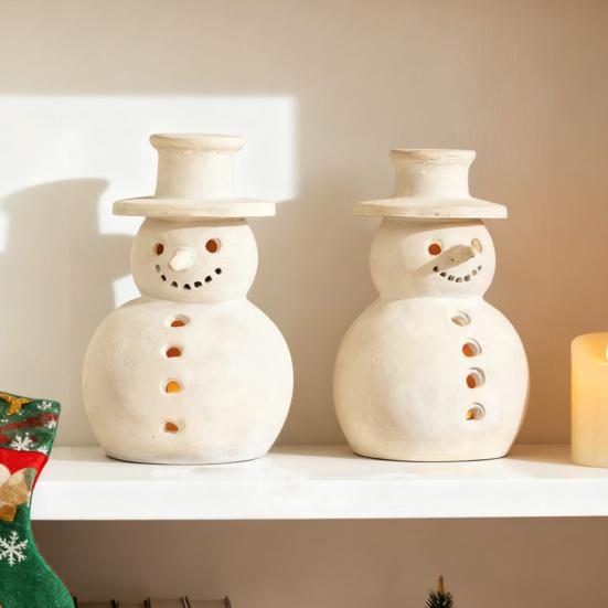 Terracotta Snowman Decor Handcrafted Resin Snowman Figurines Christmas Holiday Rustic Winter Tabletop Decor