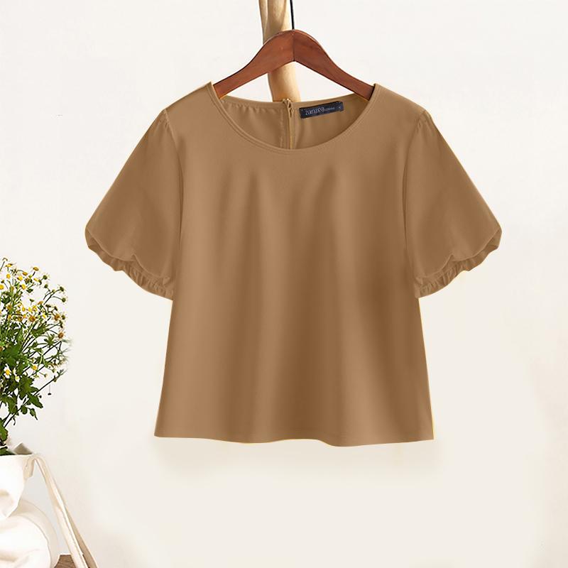 ZANZEA Women Casual Round Neck Solid Color Summer Short Sleeve Blouse