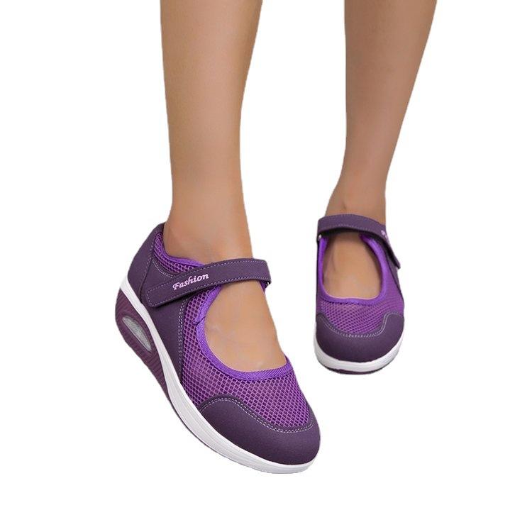 Plus size single shoes women's 2021 new spring and autumn low-top Velcro shallow casual single shoes solid color mesh women's shoes