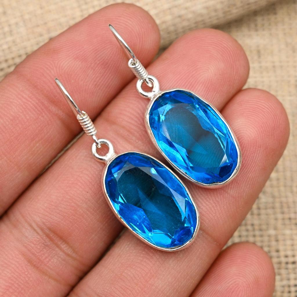 Blå Topaz Ädelsten Handgjorda 925 Sterling Silver bröllopssmycken örhänge