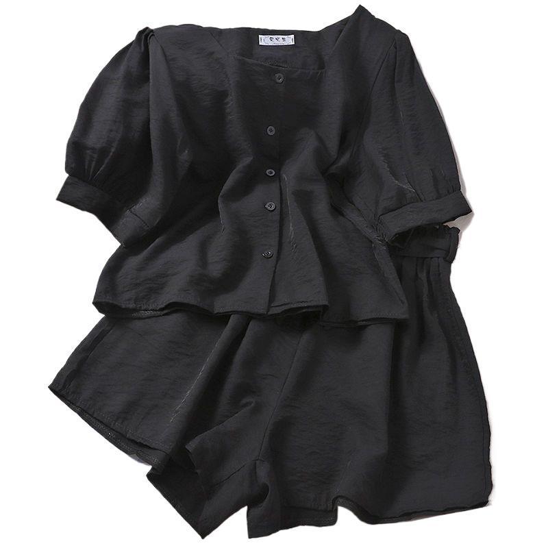 Petite Women's Square Neck Puff Sleeve Top & Elastic Waist Wide Leg Shorts Two-Piece Summer Set