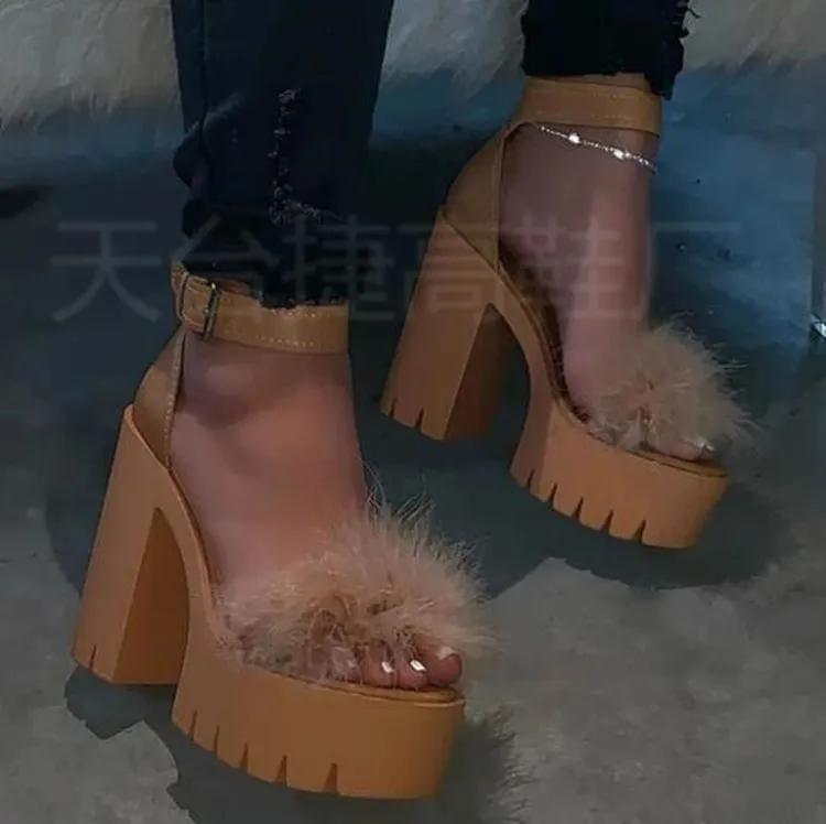 Fashion Woman Furry Sandals High Heels with Fur Female Platform Pumps Women Ankle Strap Women's Wedge Shoes 2025 Summer