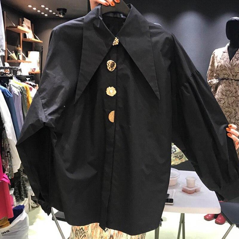 

Топы с длинными рукавами и фонариками, офисные женские однотонные блузки, шикарная белая рубашка на пуговицах, женские весенние повседневные универсальные свободные рубашки 3XL чёрный