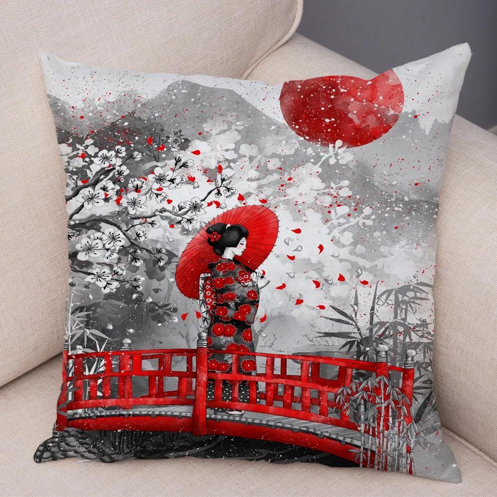 Japan Style Ink Warrior Cushion Cover for Sofa Home Double Print Decor Beautiful Scenery Girl Pillowcase Soft Plush Pillow Case