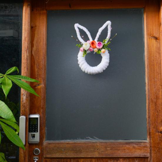 Easter Bunny Wreath for Front Door Yarn Wrap Rabbit Shaped Wreath with Artificial Flowers for Spring Porch Wall Window Indoor Outdoor Decor