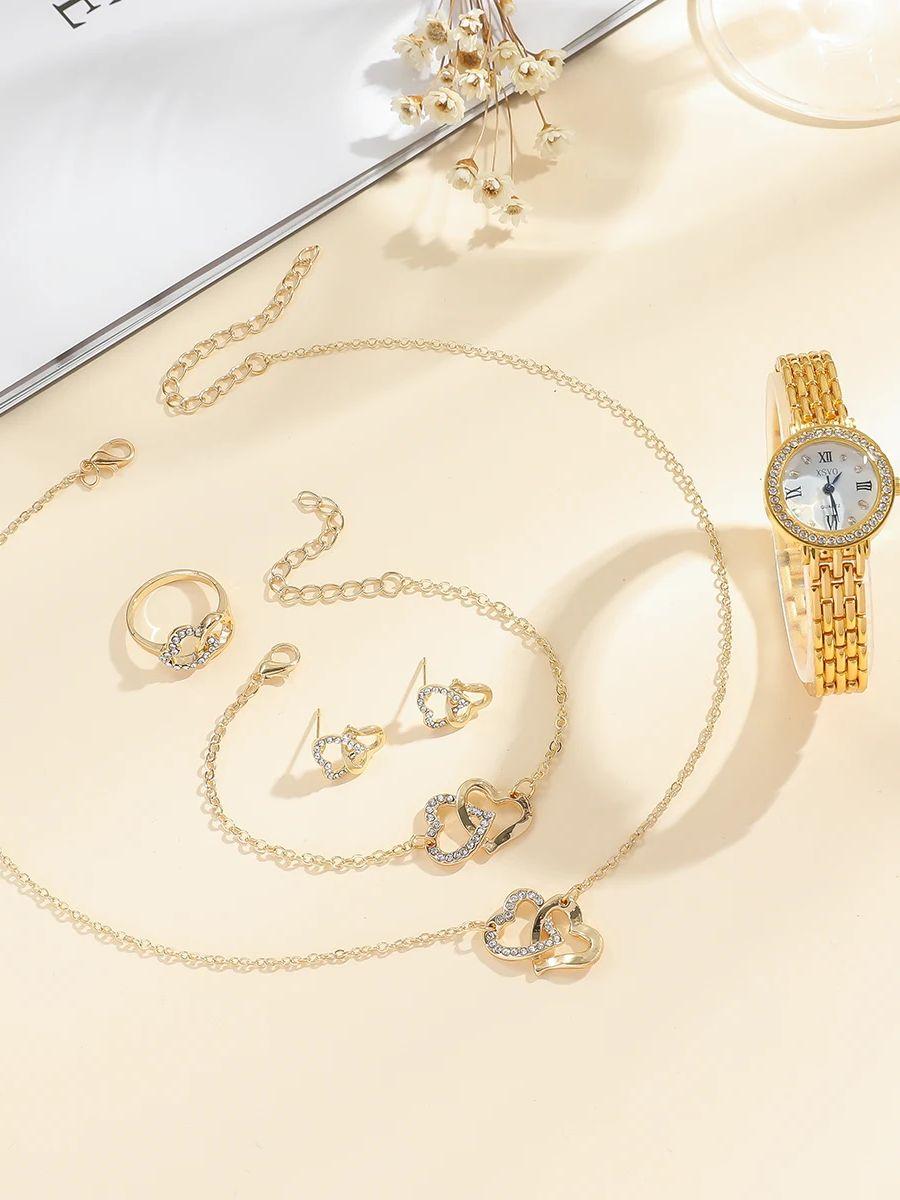 

Женские классические часы с круглым бриллиантовым циферблатом и стальным браслетом, кварцевые; от сердца к сердцу браслет ожерелье серьги кольца мода универсальный. золотой
