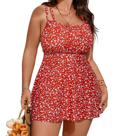 

Консервативный женский купальник-двойка большого размера с юбкой и шортами-боксерами - Дизайн с европейским и американским принтом. 2XL красный