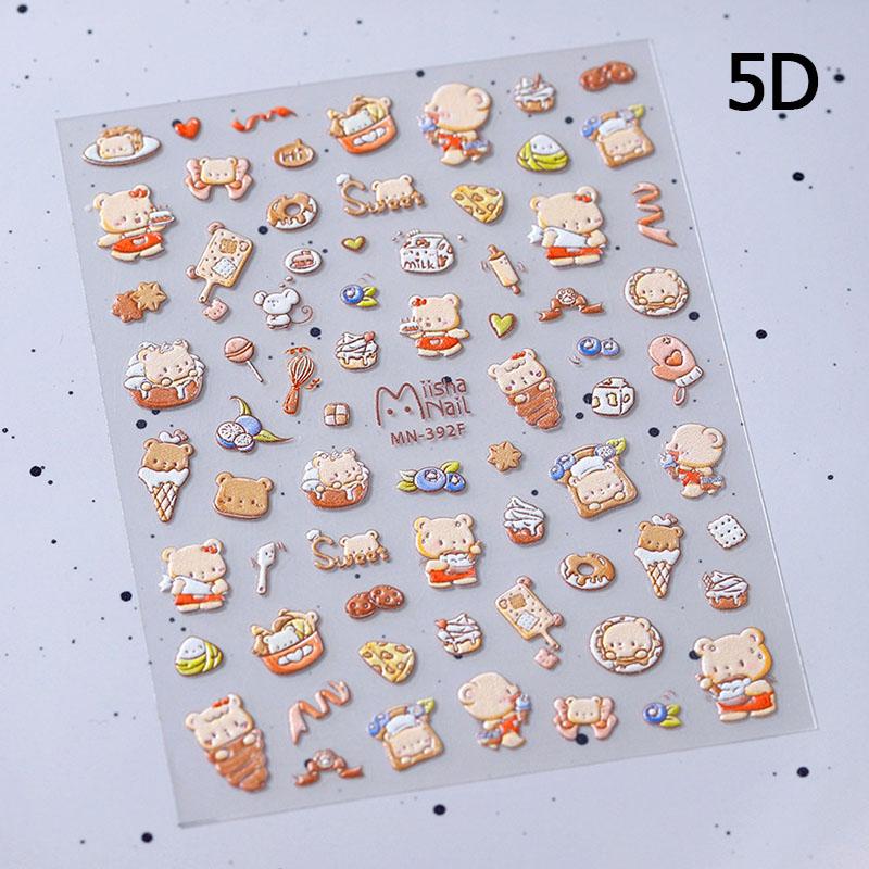 Cartoon Cute Bear Pudding Pretzel Bread Croissant Cookies Shiny 3D Self Adhesive Nail Art Stickers Bakery Lovely Manicure Decals