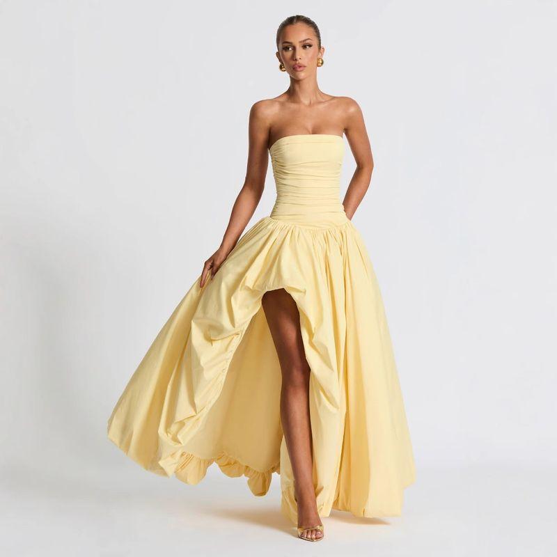 

Summer New Fresh Temperament Solid Lace-up Low Cut Slim fit Waist Hugging Pleat Pettiskirt Sling Dress Yellow XS