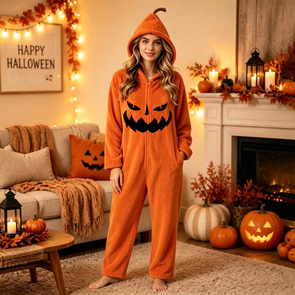 Damen Halloween Print Flanell Strampler Loungewear Set für gemütliches Entspannen