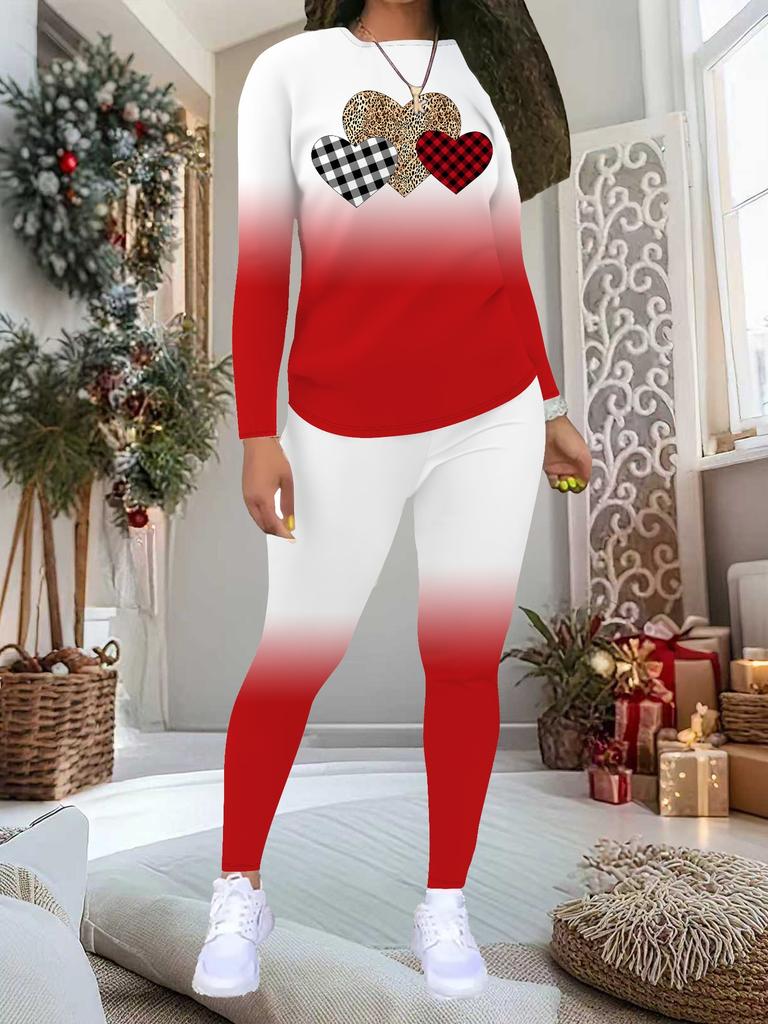 Damski 2-częściowy strój z nadrukiem 'Love': Top z długim rękawem z okrągłym dekoltem i spodnie, świąteczny limitowany casualowy strój na imprezę, prezent