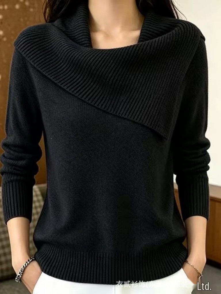 Asymmetrical Lapel Knit Sweater - Solid Color, Slim Fit, Versatile Long Sleeve Wool Sweater for Women