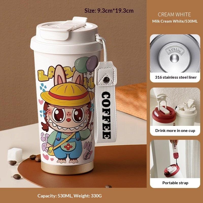 Cartoon Pattern Coffee Cup 316 Stainless Steel Thermos Cup Portable Double Drinking Straw Water Cup