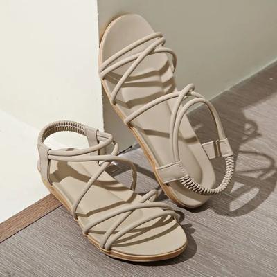Fashion Womens Shoes 2025 Large Size Cross Cross-Shoes Flat Sandals Summer Heels Suit Female Beige Luxury New Big Without Girls