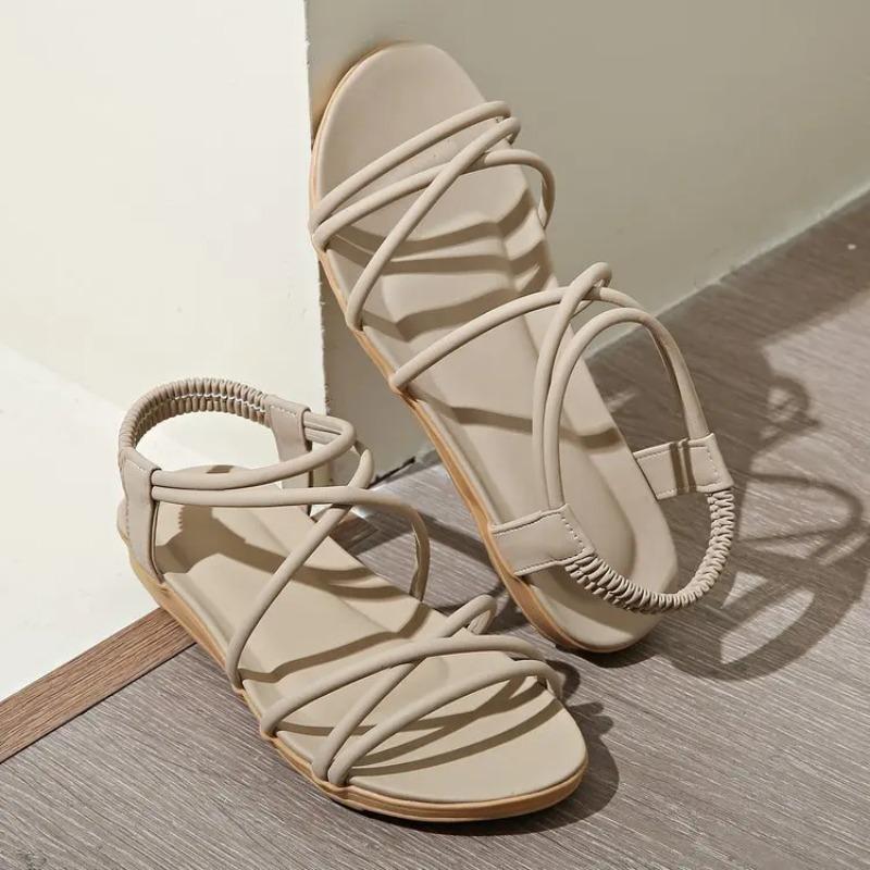Fashion Womens Shoes 2025 Large Size Cross Cross-Shoes Flat Sandals Summer Heels Suit Female Beige Luxury New Big Without Girls