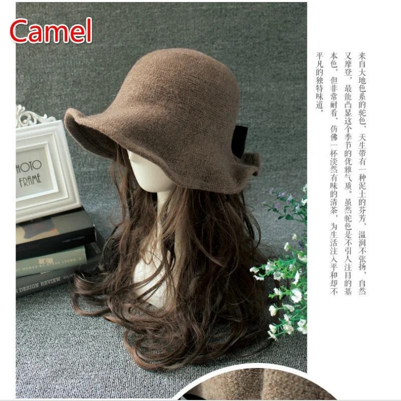 

Винтажная шерстяная шляпа-ведро, женская шляпа-котелок, модная шляпа-тазик с бантами, рыбацкая шляпа, женская зимняя шляпа черного кофейного цвета цвета темного верблюжьего песца Camel