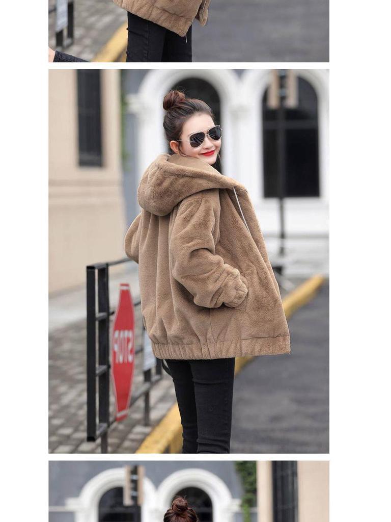 Chaqueta de Franela con Capucha de Largo Medio para Mujer - Estilo Coreano, Corte Holgado, Felpa, Cálida, Manga Larga