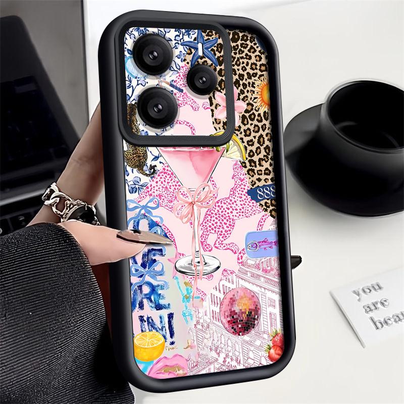 Pink Goblet Bowknots Disco Ball Pattern Case For Xiaomi Redmi Note 14 13 Pro 5G 4G 12 11 Funda Xiaomi 14T 13T 11T Pro Shockproof Bumper Silicone Cover