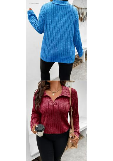 2026 Autumn/Winter Plus Size Women's V-Neck Long Sleeve Ribbed Brushed Loose Top