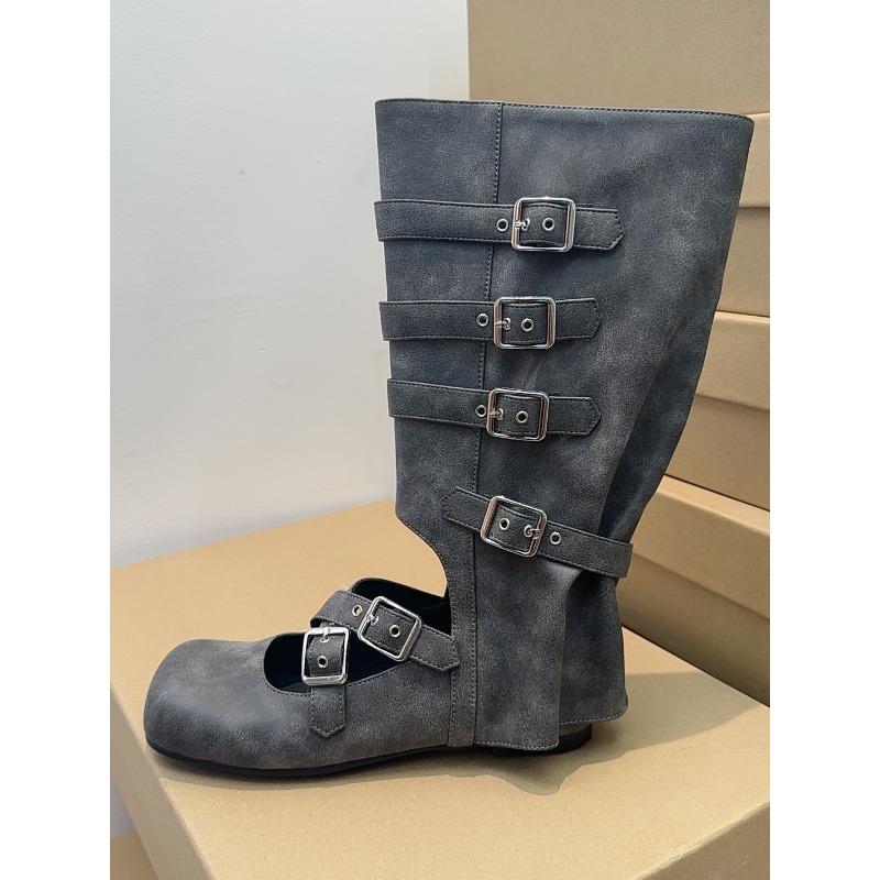 Summer Thin Boots Women's Flat Bottom Hollow Ballet Boots Punk Handmade Boots Spice Girl Leather Medium Boots Women's Boots