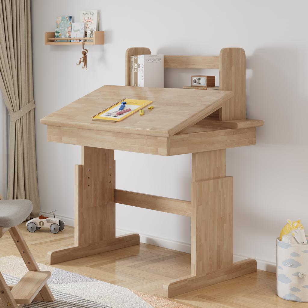 Children's table, height-adjustable solid wood multifunctional desk, foldable tabletop, book stand, safety certified, for children aged 6 and up