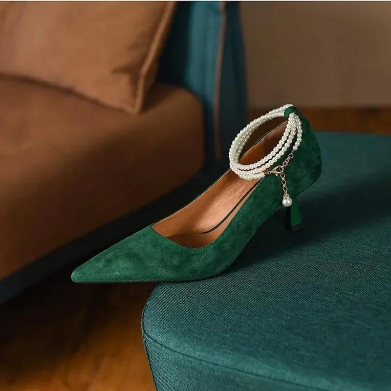 Fashion French Retro High Heels Shoes Spring/Autumn New Pointed Thin Heels Pearl Slip-On Design Pumps Office & Career Work Shoe