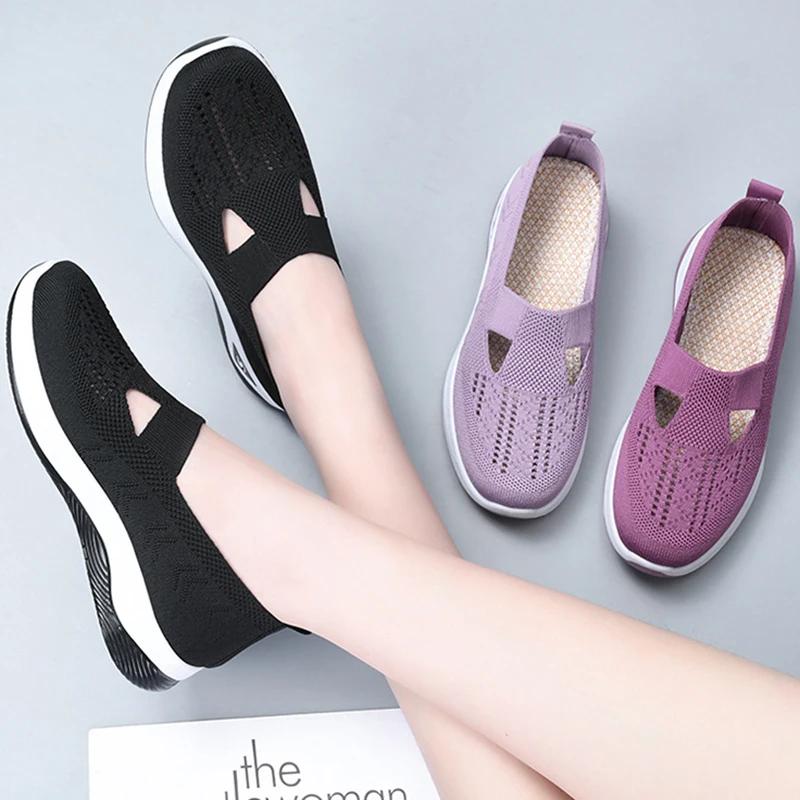 2025 Spring Breathable Knitted Sports Shoes for Women, Large Sized Hollow Soft Soled Flat Shoes for Women, Non Slip Casual Shoes