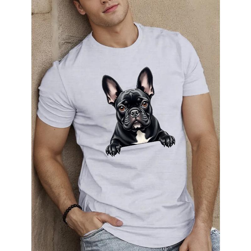 Evropské velikosti Pánské tričko s grafikou francouzského buldoka - Letní neformální top s krátkým rukávem a ilustrací psa francouzského buldoka,