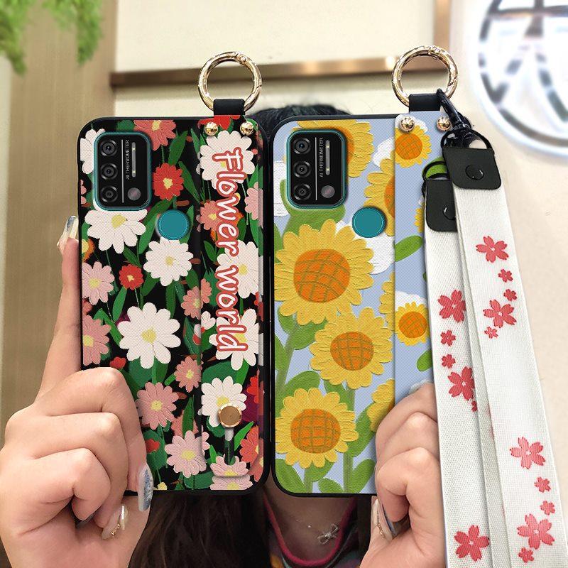 Silicone Waterproof Phone Case For UMIDIGI A9 Protective Oil Painting Flower Wrist Strap Kickstand Dirt-resistant Ring