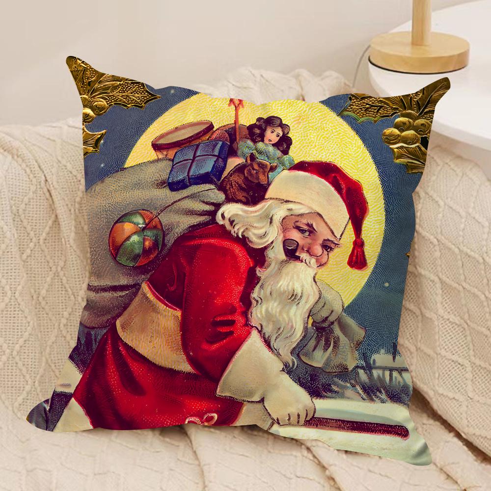 Retro Christmas Santa Claus Cushion Cover Silky Short Plush Invisible Zipper Dustproof Sofa Pillow Case For Home Decor